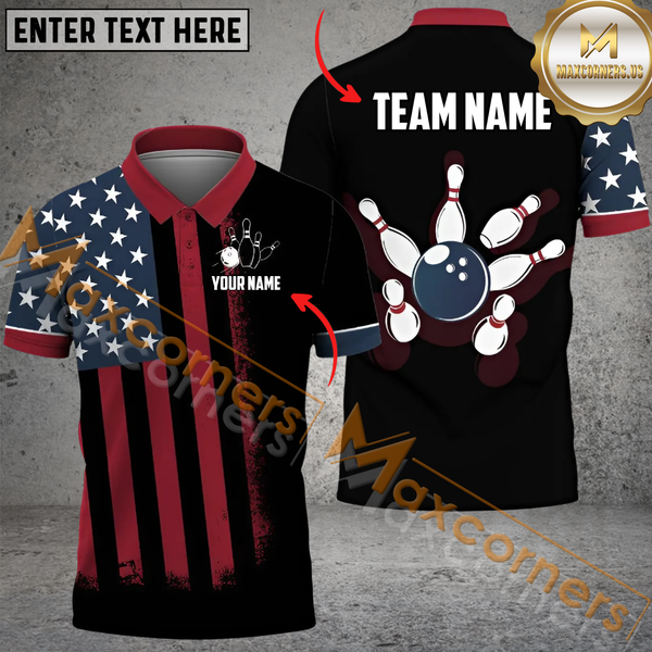 Maxcorners American Flag Patriotic Bowling Jersey Customized Name, Team Name 3D Polo Shirt