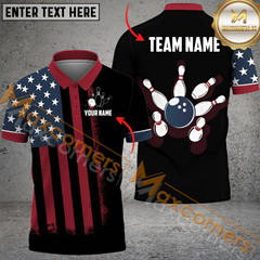 Maxcorners American Flag Patriotic Bowling Jersey Customized Name, Team Name 3D Polo Shirt