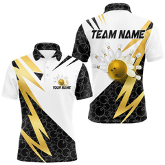 Maxcorners Black and White Bowling Polo, Quarter Zip Shirt for Men Custom Lightning Team bowling jersey | Gold LM2404