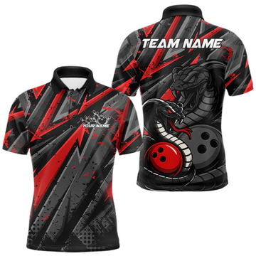 Maxcorners Custom Grunge Black And Red Cobra Snake Bowling Men Polo Shirts With Team Name For Bowlers LM054