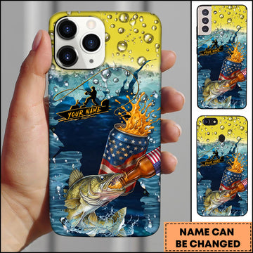 Maxcorners Walleye Fishing Phone Case Beer Splash Fishing Graphic Personalized Name 3D Phone Case