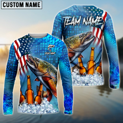 Maxcorners Trout Fishing Beer Usa Flag Personalized Name, Team Name 3D Long Sleeve Shirt