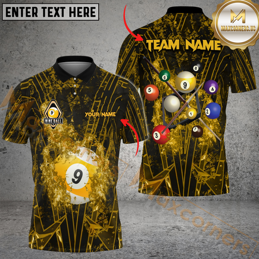 Maxcorners Billiard Ball 9 Grunge Line Multicolor Options Personalized Name, Team Name 3D Polo Shirt (4 Colors)