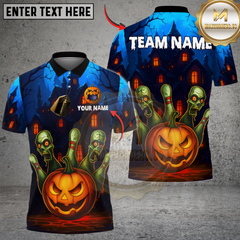 Maxcorners Bowling And Pins Halloween Pumpkin Zombie Pins Customized Name, Team Name 3D Shirt (4 Colors)