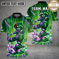 Maxcorners Bowling Shirt Retro Neon Raccoon Synthwave Grid Design Multioptions Personalized Name, Team Name 3D Shirt (4 Colors)