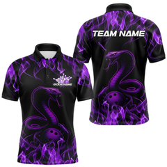 Maxcorners Custom Black And Purple Flame Cobra Snake Bowling Men Polo Shirts, Bowling League Shirt LM154