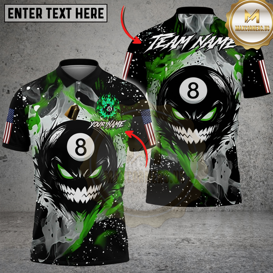 Maxcorners Billiards Ball 8 Evil Fire Monster American Flag Personalized Name Shirt (4 Colors)
