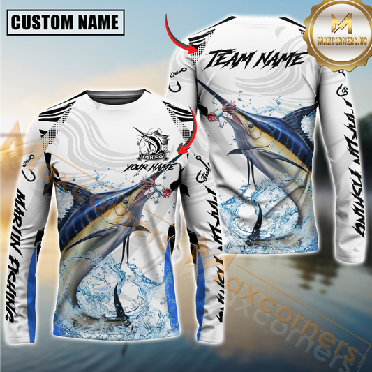 Maxcorners Marlin Fishing White Black Curve Pattern Design Custom Name & Team Name 3D Shirts