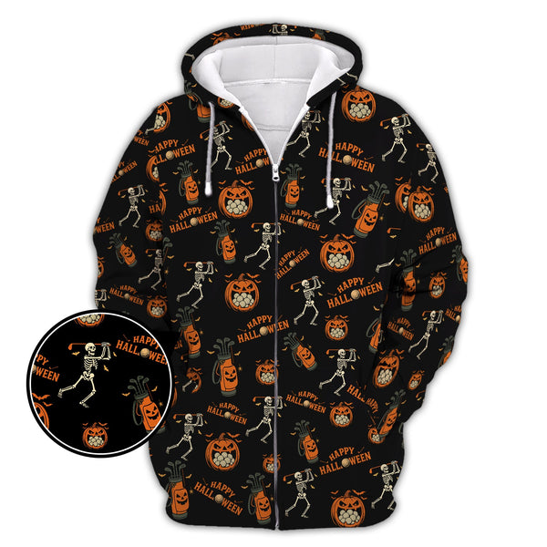 Maxcorners Pattern Golf Shirt, Halloween Skeleton With Pumpkin Golf Polos, Funny Golf Shirt For Men