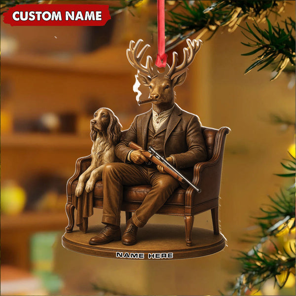 Maxcorners Personalized Acrylic Deer Christmas Ornament – Elegant Hunter Buck with Dog Holding Rifle Holiday Decor LM0411