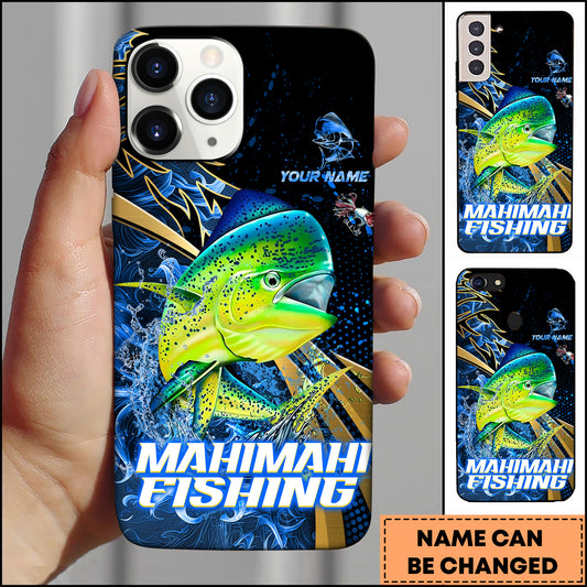 Maxcorners Mahi-mahi Splash Water Lightning Stripe Dark Blue Art Golden Line  Personalized Name Phone Case
