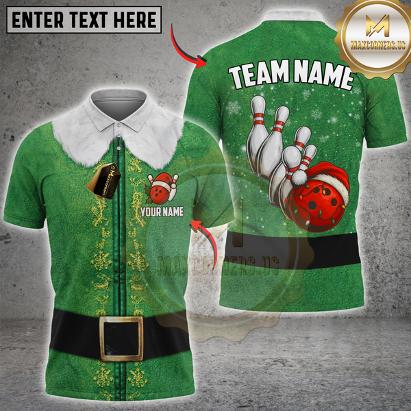 Maxcorners Christmas Bowling Hat Elf Multicolor Customized Name, Team Name 3D Shirt