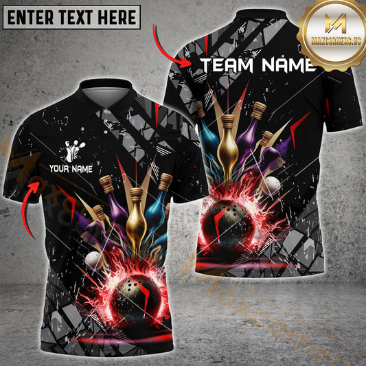 Maxcorners  Striking Fiery Pins & Bowling Ball Jersey Multicolor Options Personalized Name, Team Name 3D Shirt (4 Colors)