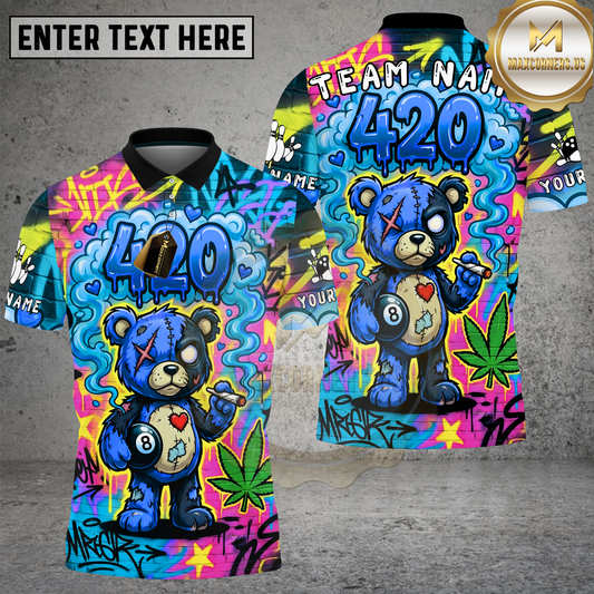 Maxcorners Billiards Shirts 420 Bear Neon Graffiti Street Art Multicolor Options Personalized Name, Team Name 3D Shirt (4 Colors)
