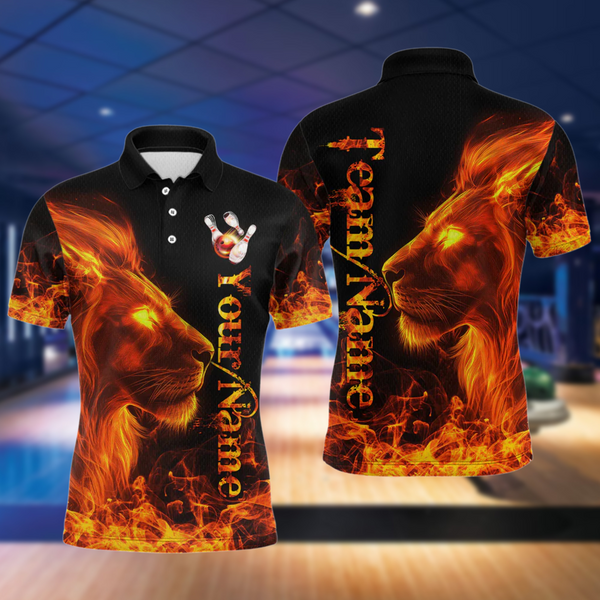 Maxcorners Orange Flaming Lion Bowling Custom Men Bowling Polo & Quarter-Zip Bowling Team Jerseys LM233