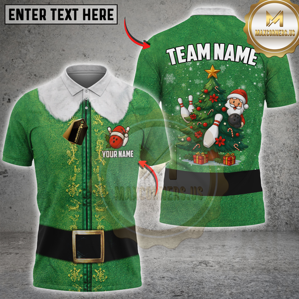 Maxcorners Christmas Tree Bowling Elf Multicolor Customized Name, Team Name 3D Shirt