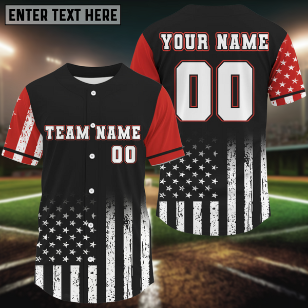 Maxcorners Custom Black And Red US Flag Patriotic Baseball Shirt For Men Youth Baseball Jerseys LM1809