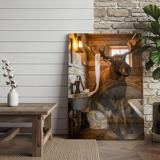 Maxcorners Moose Canvas Log Cabin Bathroom Vintage Bathtub Canvas Wall Art