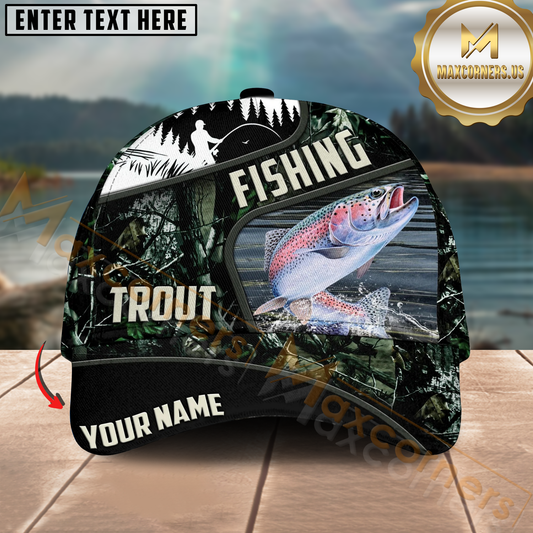 Maxcorners Rainbow Trout Fishing Forest Camo Design Personalized Name 3D Cap