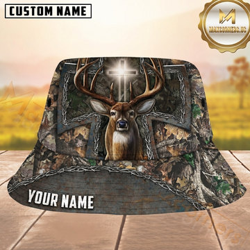 Maxcorners Deer Hunting Woodland Camo Cross Personalized Name 3D Bucket Hat
