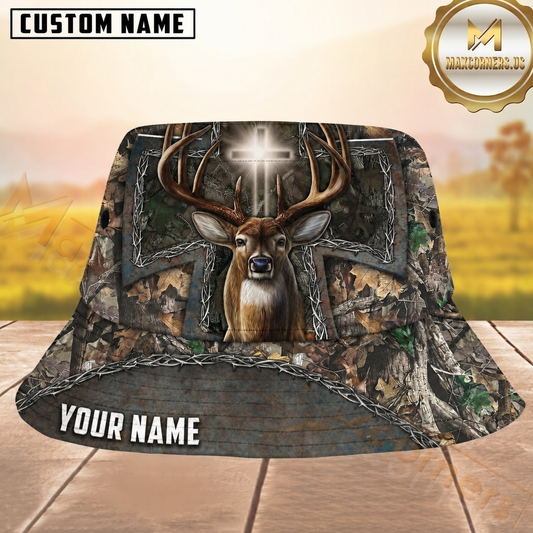 Maxcorners Deer Hunting Woodland Camo Cross Personalized Name 3D Bucket Hat