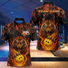 Maxcorners Custom Fire Flame Tiger Bowling Team Polo Shirts For Men, Tournament Bowling Outfit LM054