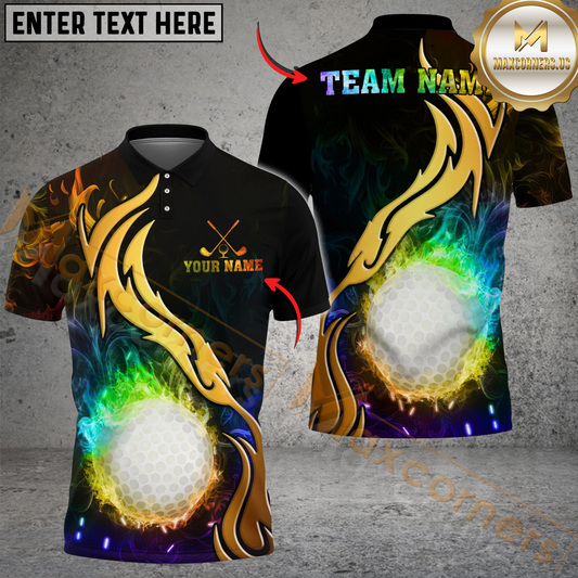 Maxcorners Golden Rainbow Flame Golf Polo Personalized Name, Team Name 3D Shirt (4 Colors)