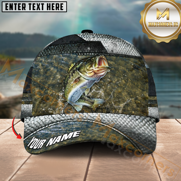 Maxcorners Largemouth Bass Fishing Stone Scale Texture Design Personalized Name 3D Cap