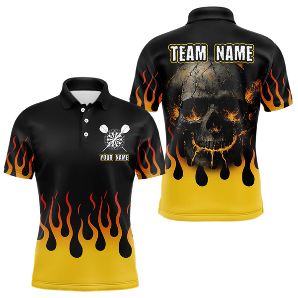 Maxcorners Fire Flame Cracked-Skull Dart Polo & 1/4 Zip Shirts For Men, Dart Team Jerseys LM054