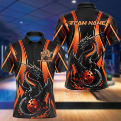 Maxcorners Custom Orange Dragon Bowling Jerseys, Dragon Bowling Men Polo Shirts Bowling League Shirt
