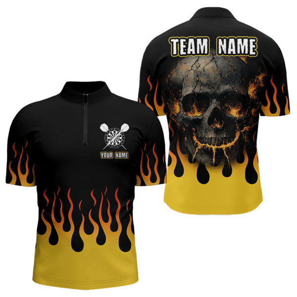 Maxcorners Fire Flame Cracked-Skull Dart Polo & 1/4 Zip Shirts For Men, Dart Team Jerseys LM054