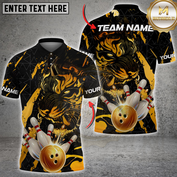 Maxcorners Bowling Shirt Tiger Golden Ball Striking Pins Multioptions Personalized Name, Team Name Unisex 3D Shirt (4 Colors)