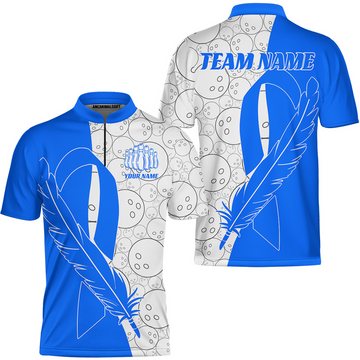 Maxcorners Customized Bowling Team Uniform Shirts, Blue Ribbon Feather Combined With Bowling Pattern Personalized Team & Player Jersey