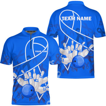 Maxcorners Custom Bowling Team Uniform Shirts, Blue Ribbon & Bowling Ball Strike Shirt, Personalized Team & Player Jersey