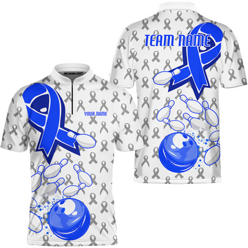 Maxcorners Custom Bowling Team Uniform Shirts, Blue Ribbon & Bowling Pins Strike Graphic Shirt, Personalized Team & Player Jersey