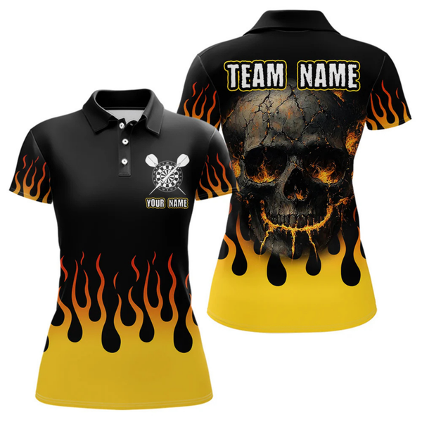 Maxcorners Fire Flame Cracked-Skull Dart Polo & 1/4 Zip Shirts For Men, Dart Team Jerseys LM054