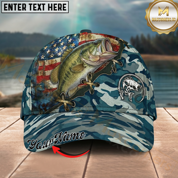 Maxcorners Fishing American Flag Blue Camouflage Personalized 3D Cap (12 Fish Species)