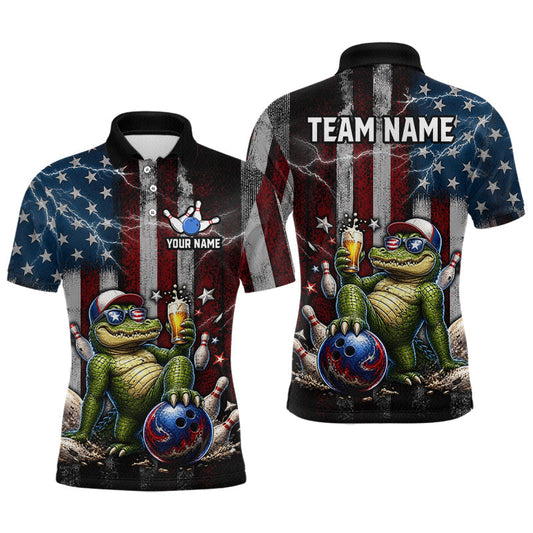 Maxcorners Custom American Flag Funny Beer Bowling Shirt for Men Patriotic Bowling Jersey Polo & 1/4-Zip LM1705