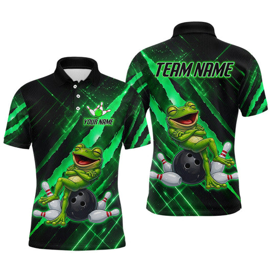 Maxcorners Custom Green Funny Frog Bowling Shirt for Men Bowling Jersey Polo & 1/4 Zip Bowling Outfit LM1705