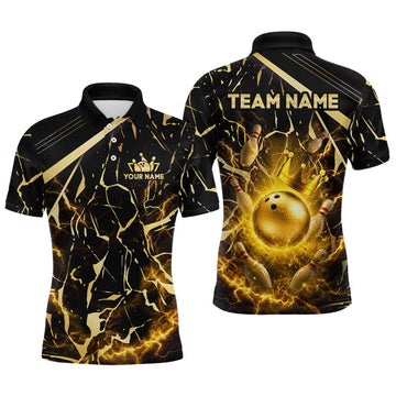 Maxcorners Black and Gold Bowling Crown Shirt Custom Bowling Team Jersey for Men Polo & 1/4 Zip Bowling Outfit, Team Jersey Polo & Quarter Zip LM2607