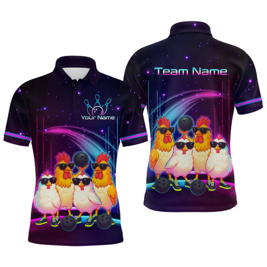 Maxcorners Neon Funny Family of Four Chicken Bowling Team Shirt for Men Bowling League Jersey Outfit Polo & 1/4-Zip LM2603