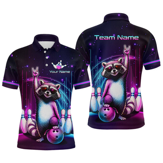 Maxcorners Custom Neon Funny Raccoon Bowling Shirt for Men Bowling Team Jersey Polo & 1/4-Zip Bowling Outfit