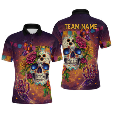 Maxcorners Custom Funny Sugar Skull Bowling Shirt for Men Bowling Team Jersey Polo & Quarter-Zip Bowling Outfit LM2603
