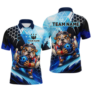 Maxcorners Funny Bulldog Bowling Team Shirt Custom Polo & 1/4 Zip Bowling Jersey for Men Blue Bowling Unisex LM2603