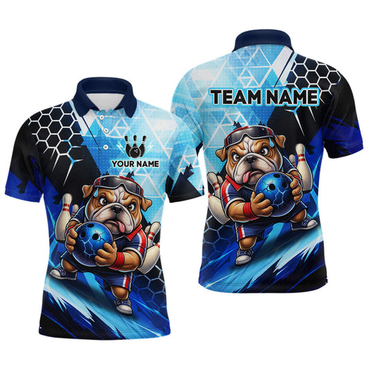 Maxcorners Funny Bulldog Bowling Team Shirt Custom Polo & 1/4 Zip Bowling Jersey for Men Blue Bowling Unisex LM2603
