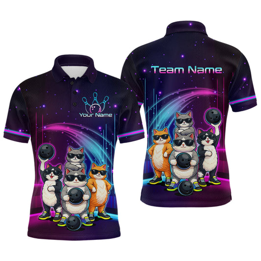 Maxcorners Custom Team Funny Cat Bowling Shirt for Men Neon Bowling Jersey Polo & Quarter-Zip Bowling Outfit