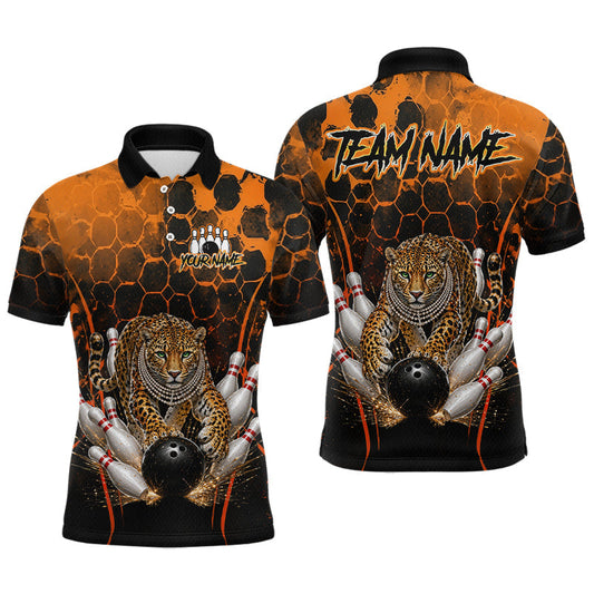 Maxcorners Orange Diomond Leopard Bowling Shirt for Men Custom Bowling Jersey Polo & Quarter-Zip LM1705
