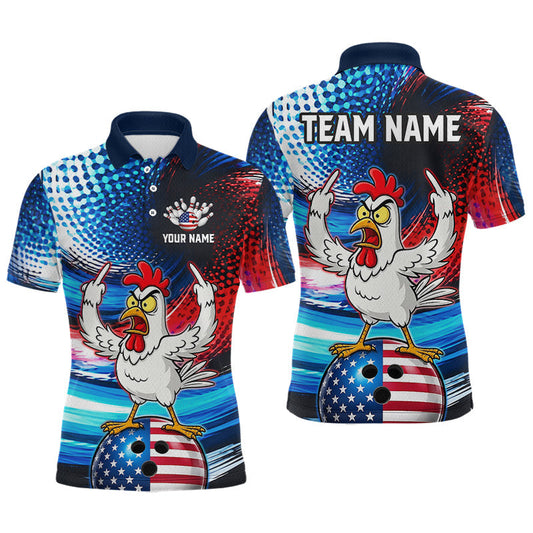 Maxcorners Custom American Flag Chicken Bowling Shirt for Men Patriotic Bowling Jersey Polo & Quarter-Zip LM1705