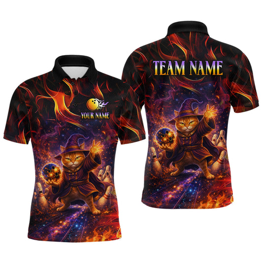 Maxcorners Custom Funny Cat Wizard Bowling Shirts for Men Flame Bowling Jersey for Team Bowling Outfit
