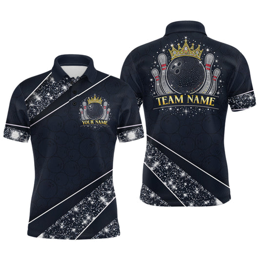 Maxcorners Custom Navy Bowling Shirts with Rhinestones for Men King Bowling Polo & Quarter-Zip Bowling Outfit LM1705